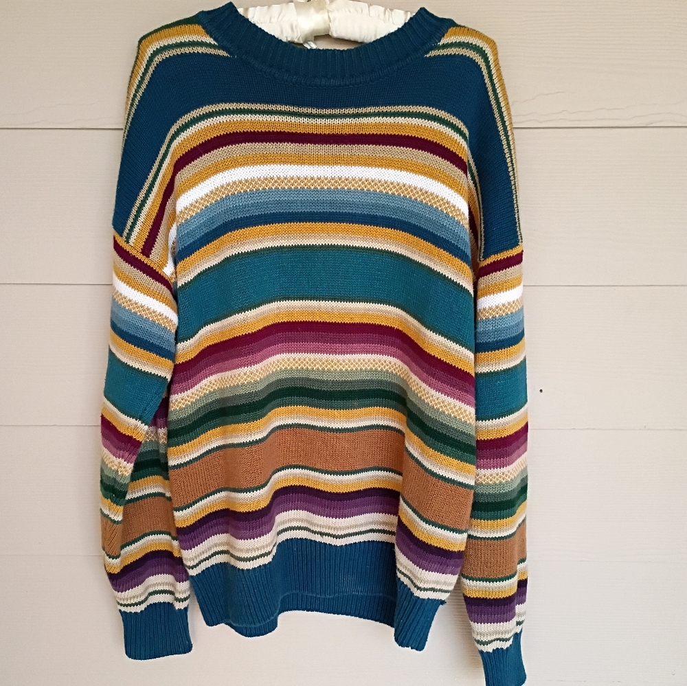 Structure Unisex Blue Red Tan Purple Green Striped Ramie Cotton Sweater Size S